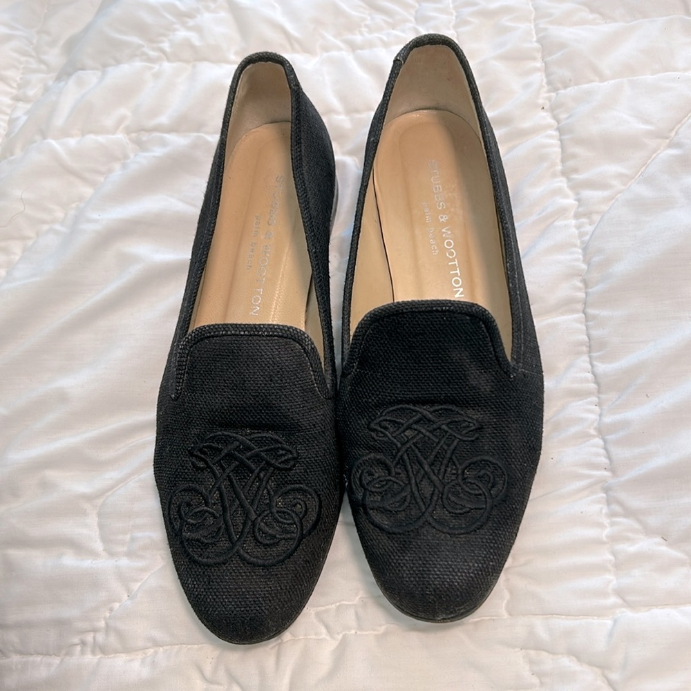 Stubbs & Wootton Monogram Embroidered Slippers Loafers Flats 10